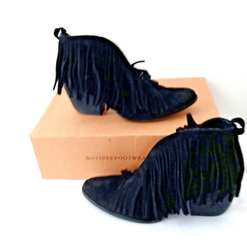 Coconuts by Matisse Black Boots Women's Sz 8M Lambert  Fringe Booties Wedge Heel